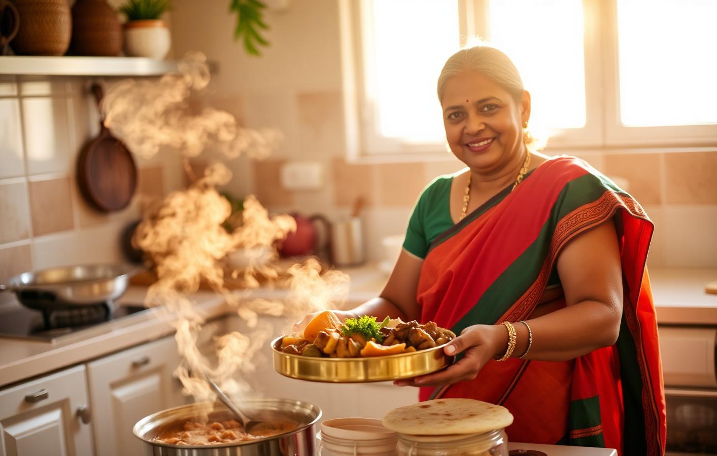 A smiling mother serving fresh homemade Indian food